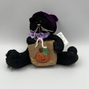 Vintage Hallmark Halloween Plush Black Cat Witch Fridge Magnet Pumpkin‎